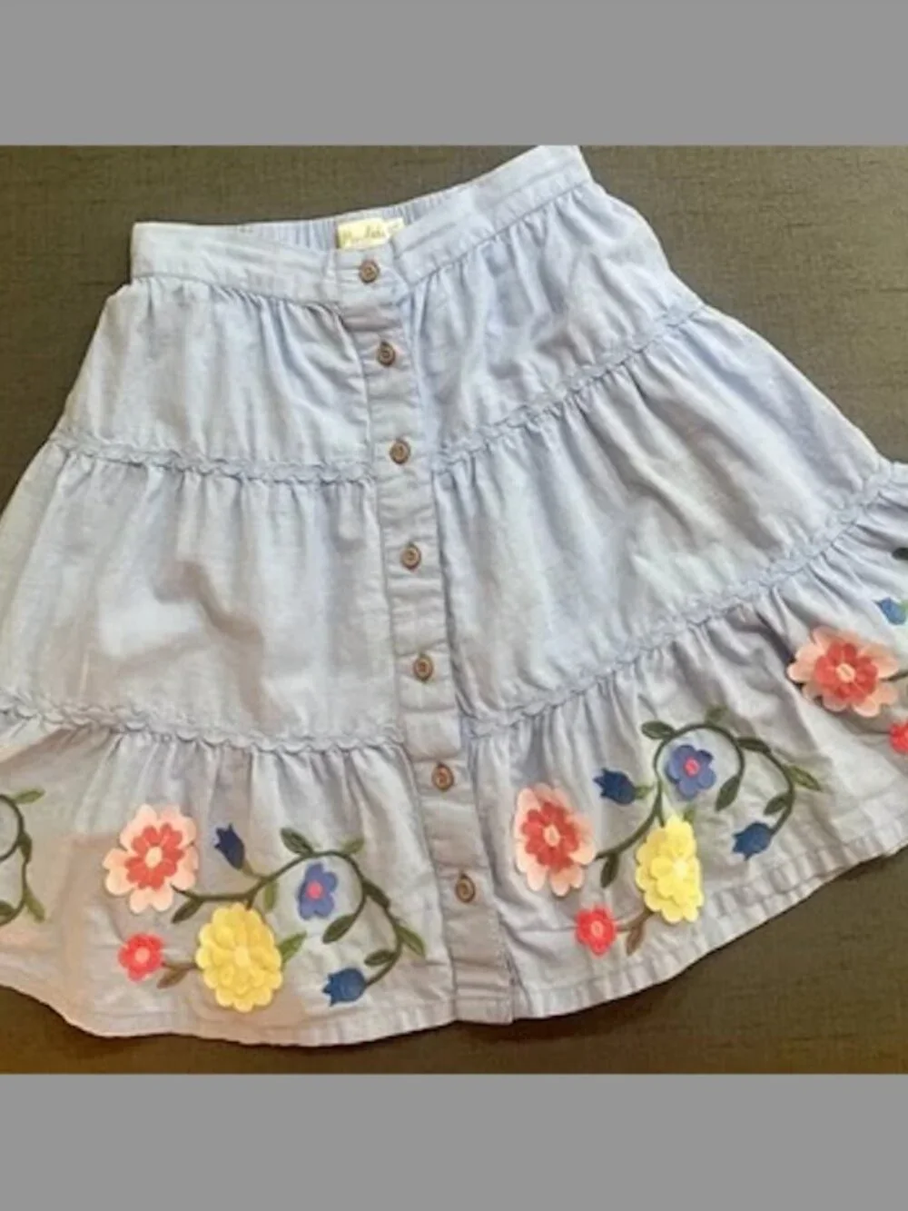 Mini Boden Floral Embroidered Hem Midi Skirt Blue SZ 8-9Y